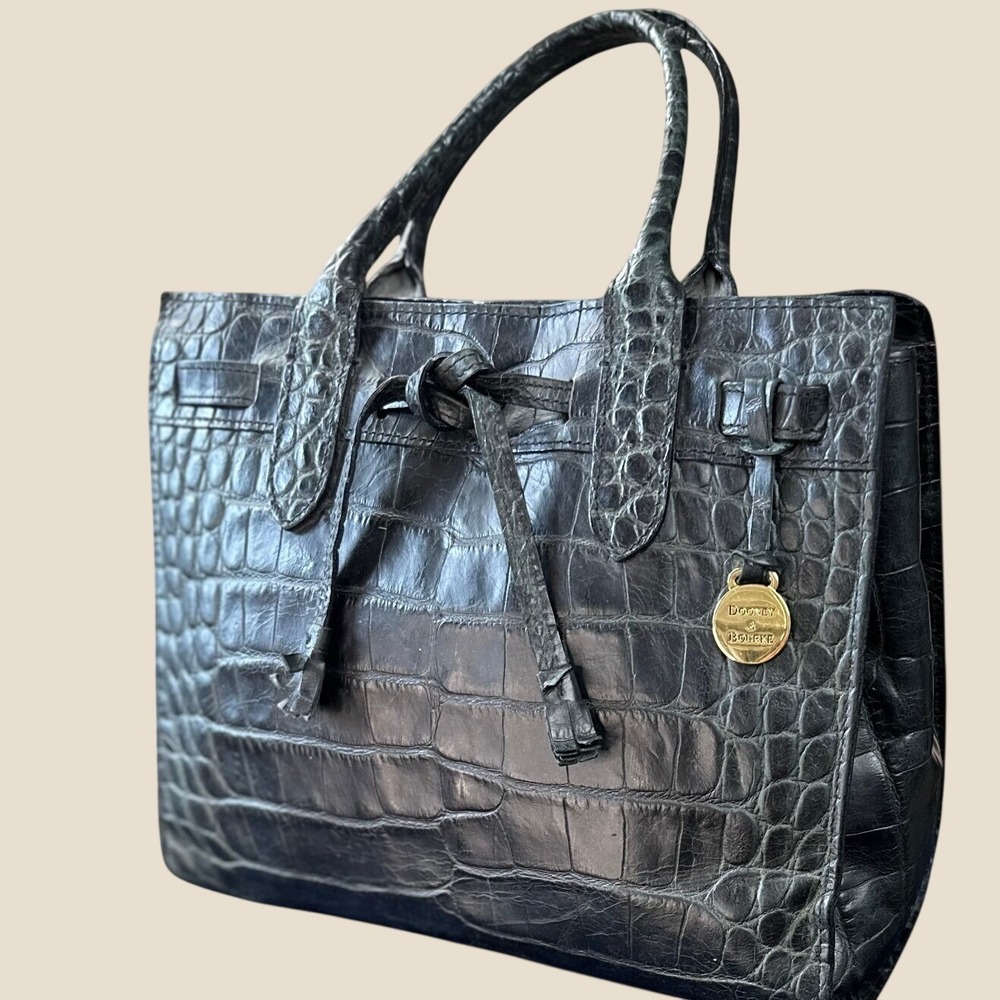 Dooney & Bourke Tote Bag Medium Black Good Croc Embossed Leather Gold Charm
